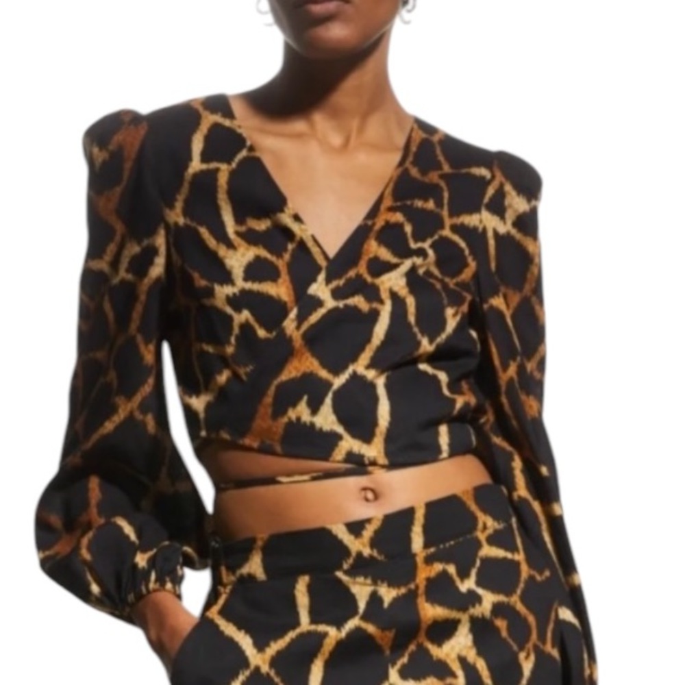 MILLY Wynona Giraffe Printed Wrap Tie Waist Puff Sleeve Cropped Linen Blouse - S